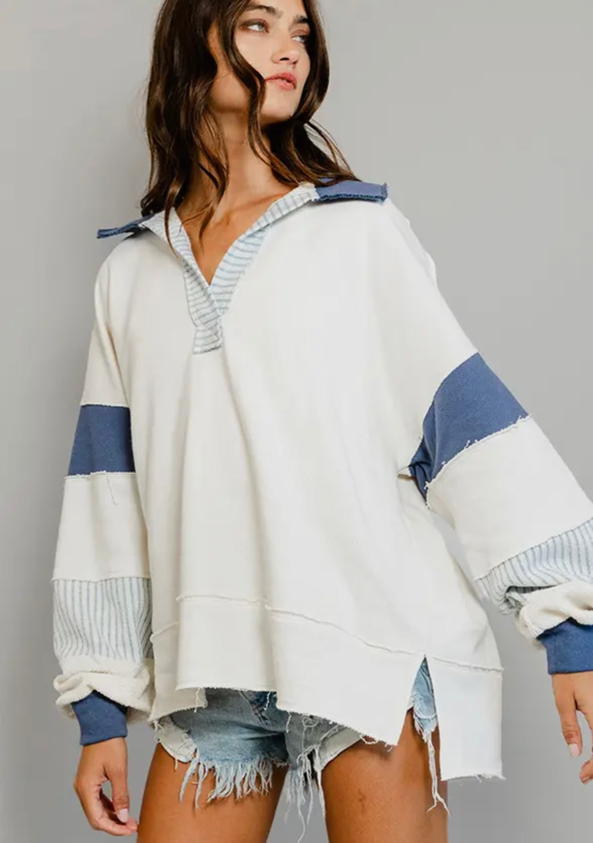 PRE-ORDER French Terry Pullover- Ivory/Navy