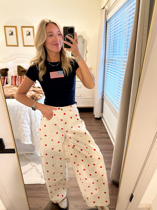 Polka Dot Denim Pants- Red