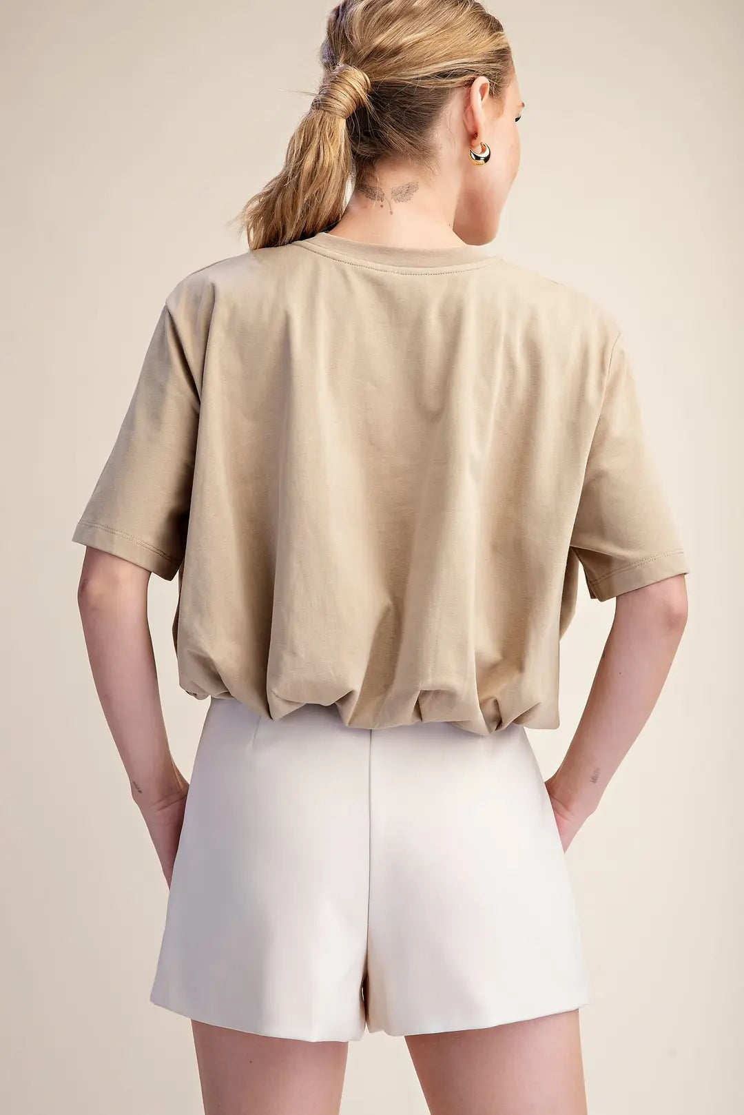 Cropped Bubble Hem T-Shirt- Taupe