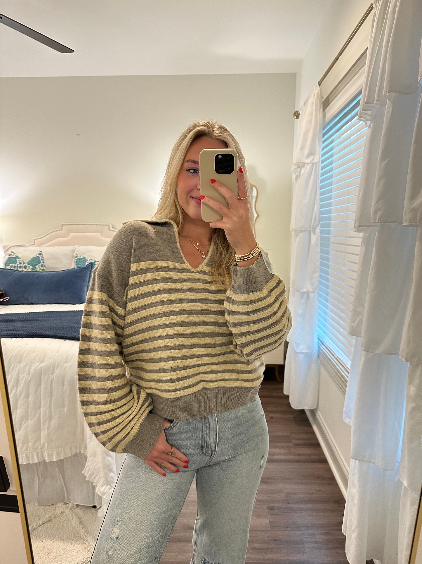 Collared Stripe Sweater- Grey/Cream