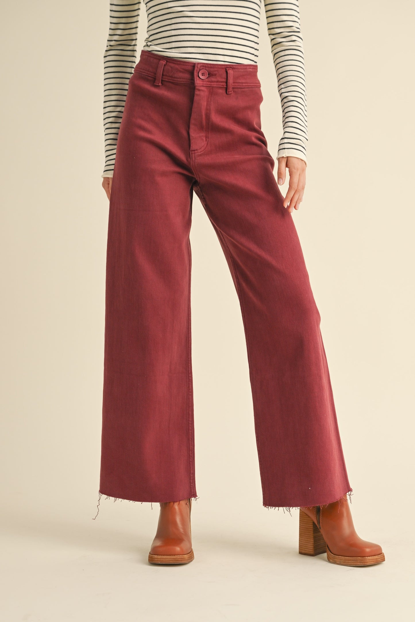 Straight Wide Leg Denim- Maroon