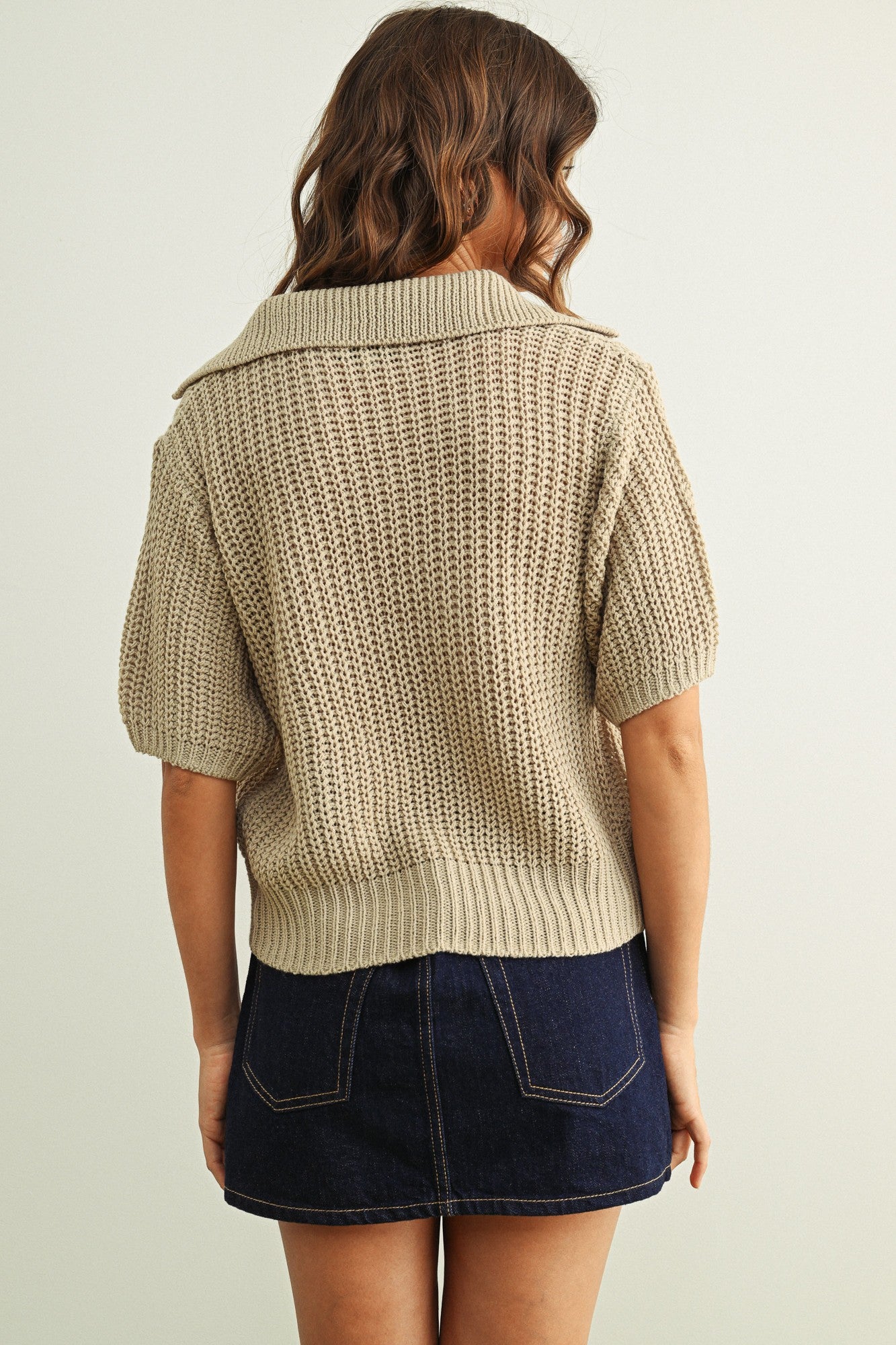 Collared Short Sleeve Knitted Top- Cement