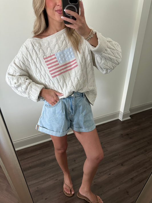 Boat Neck American Flag Sweater- Cream