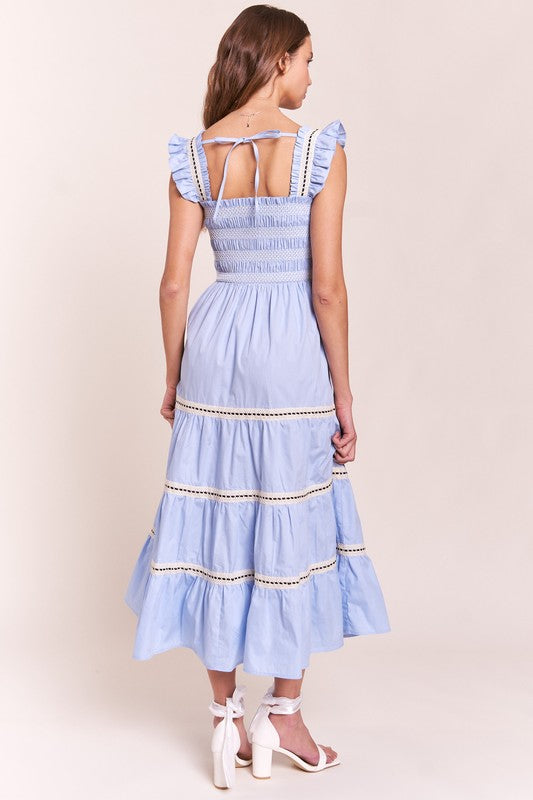 Shoulder Tie Smocked Maxi- Light Blue