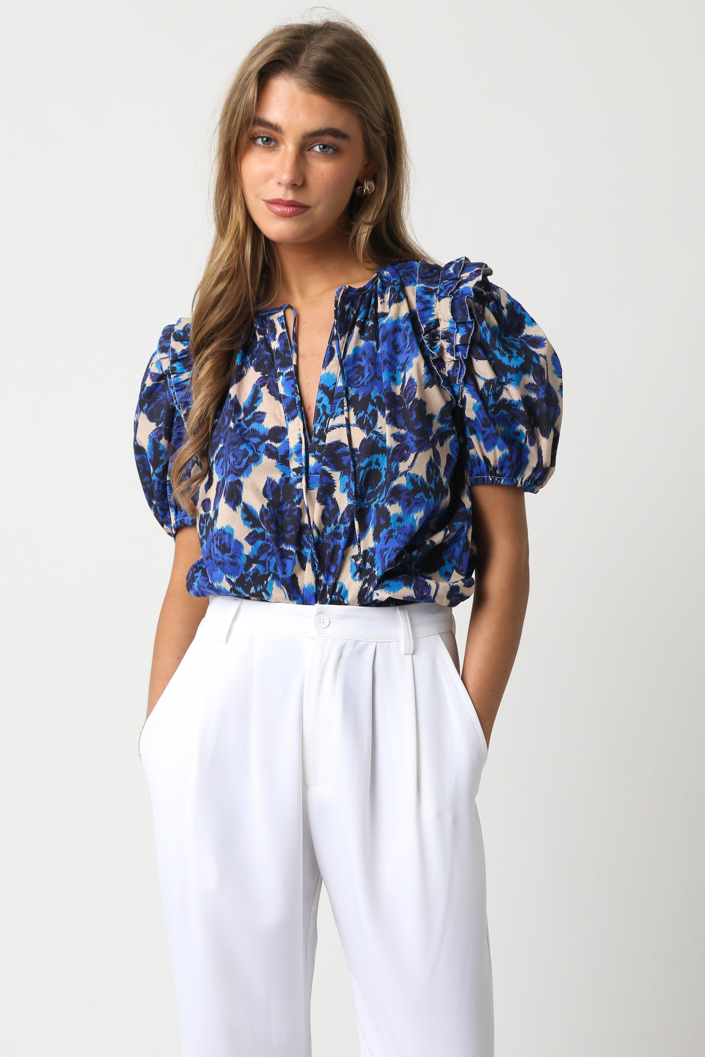 Beige Blue Floral Top