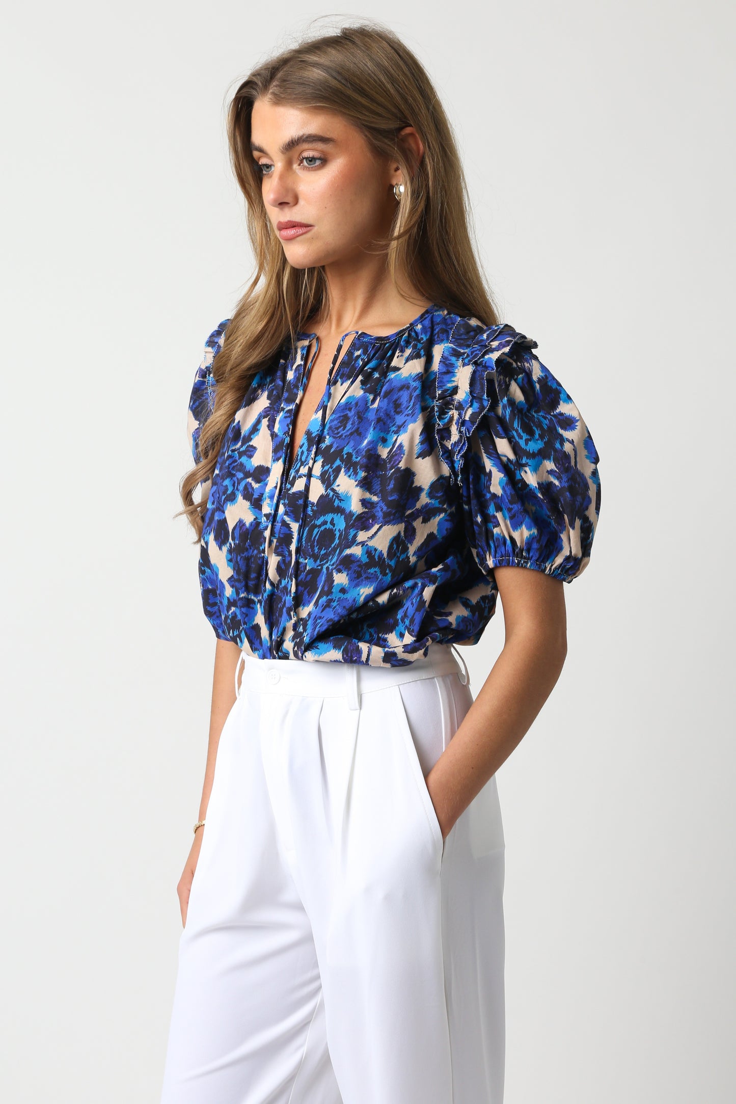 Beige Blue Floral Top