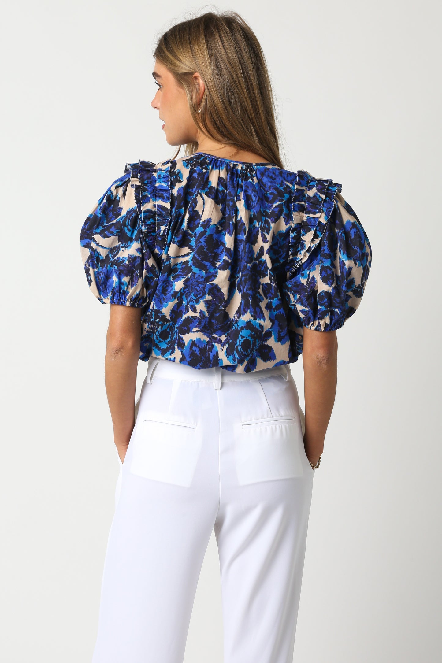 Beige Blue Floral Top