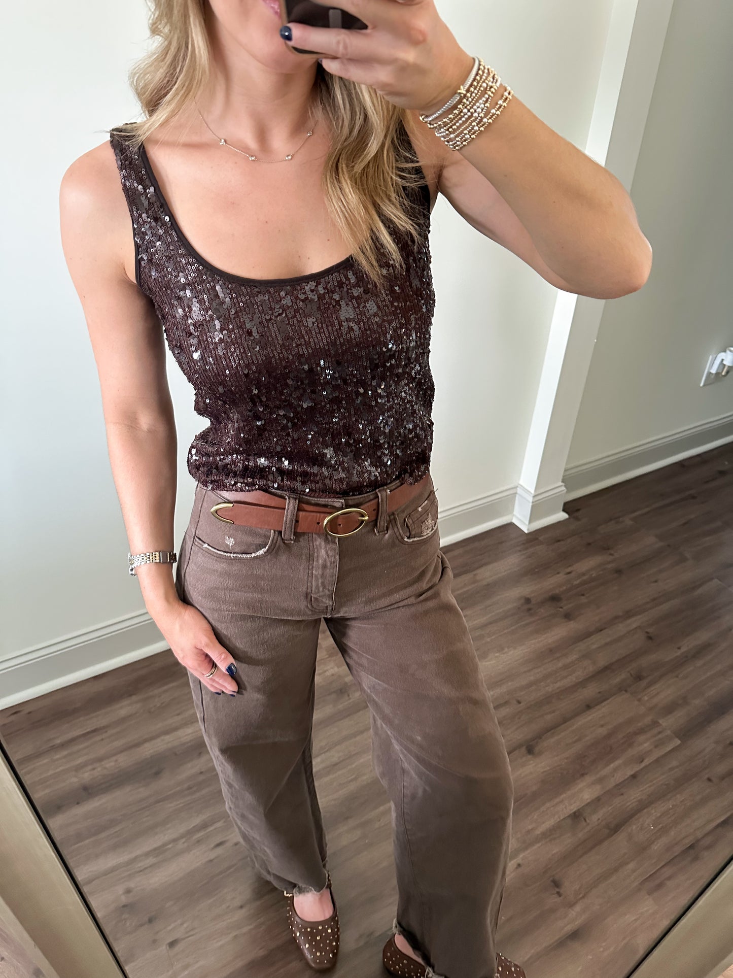 Paris Sequin Tank- Chocolate