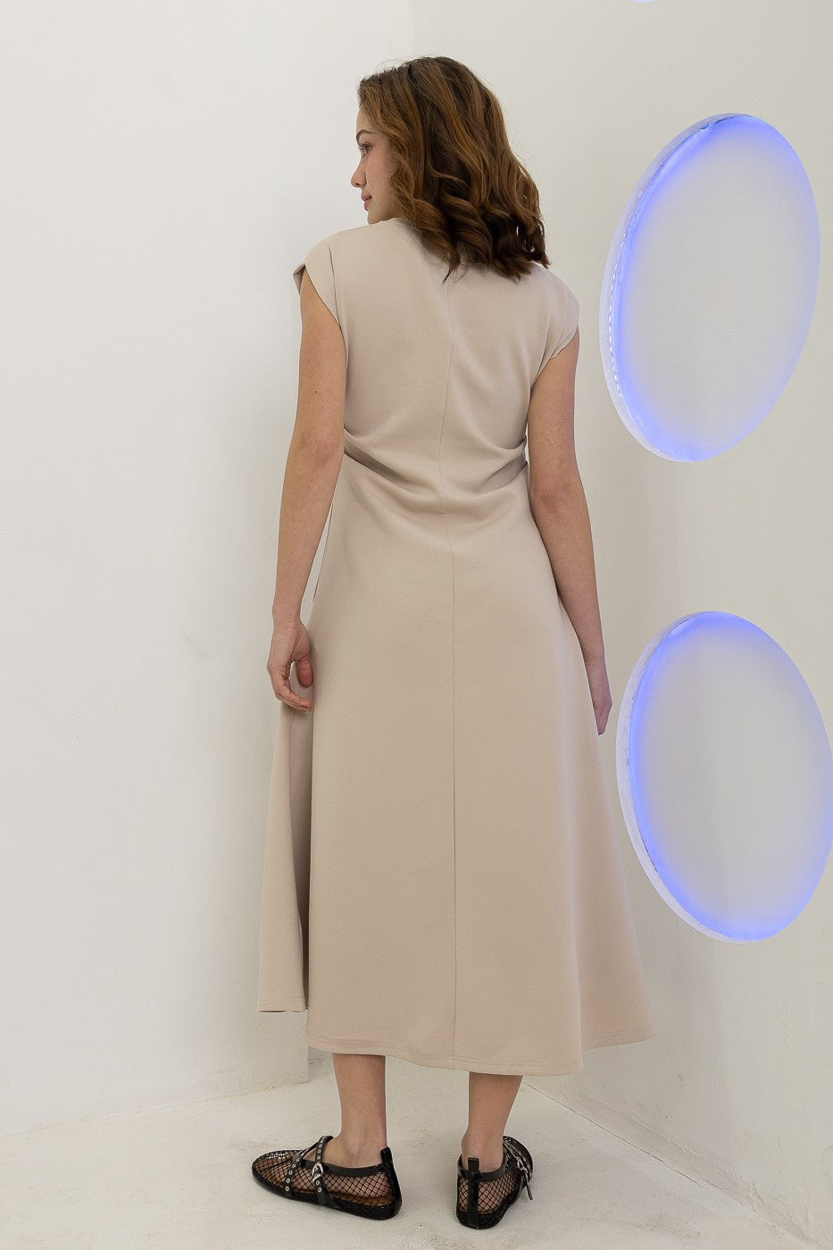 Neoprene Side Pleat Midi- Taupe