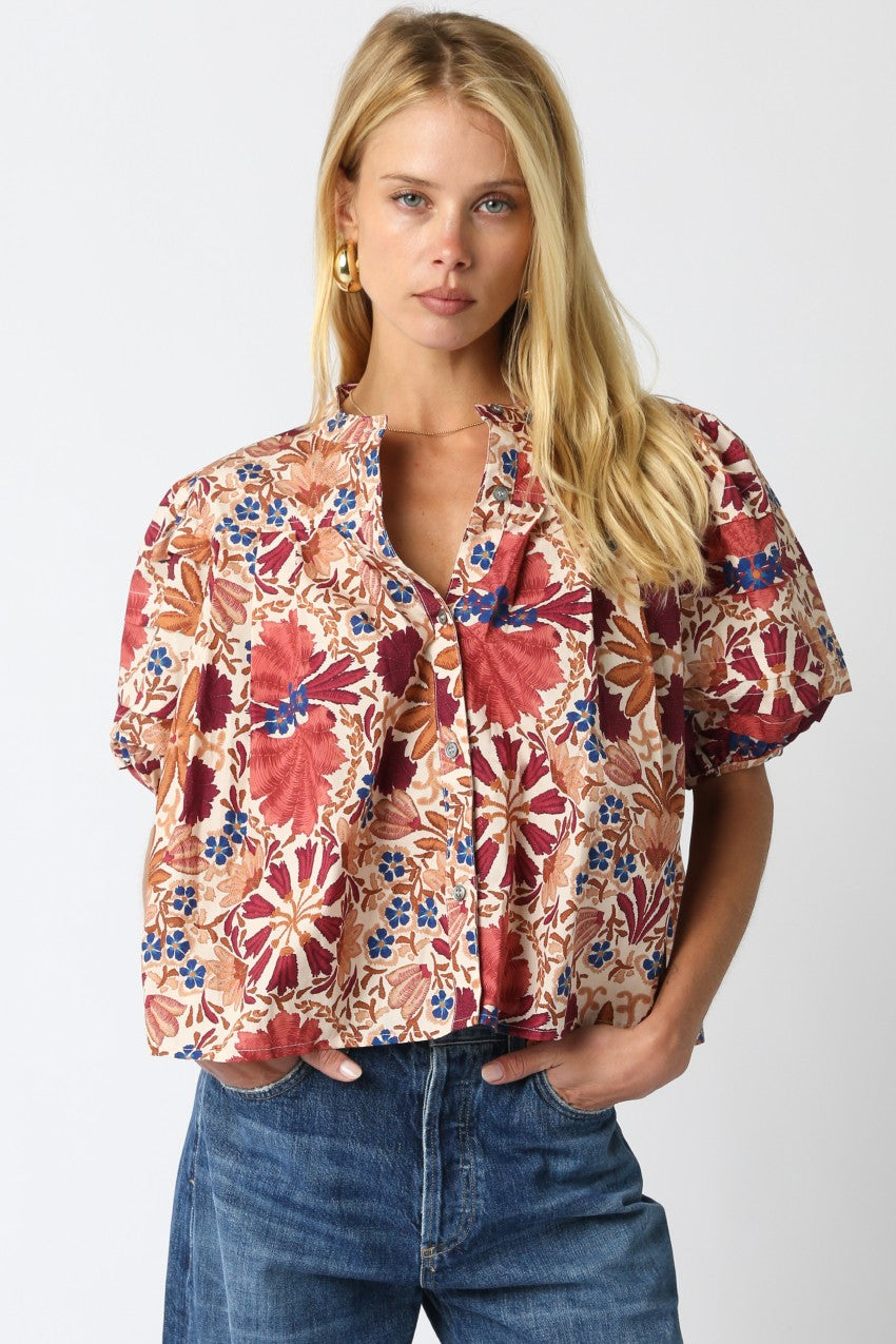Bria Floral Balloon Shirt- Cream/Rust
