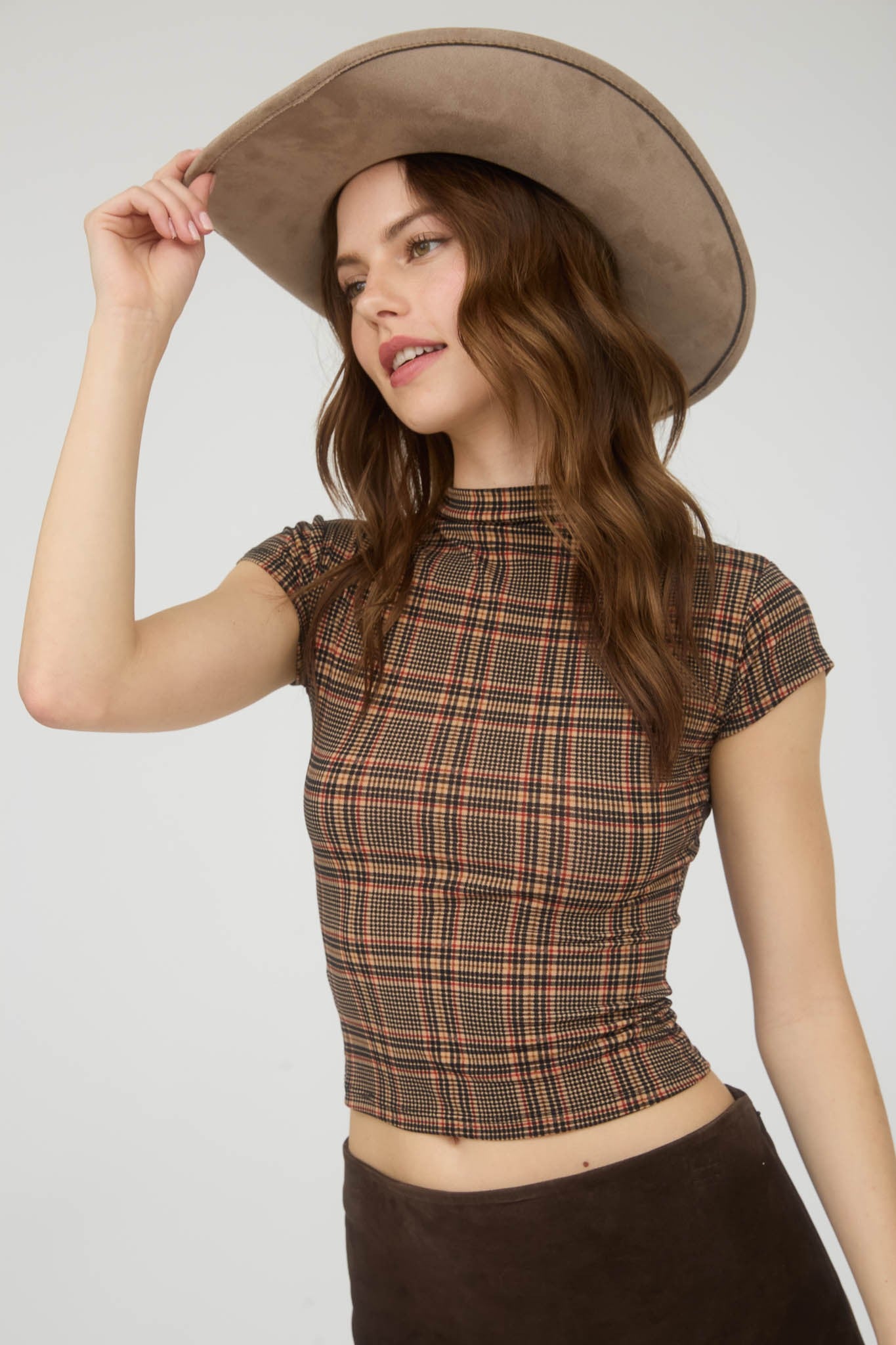 Greer Plaid Top- Camel Multi