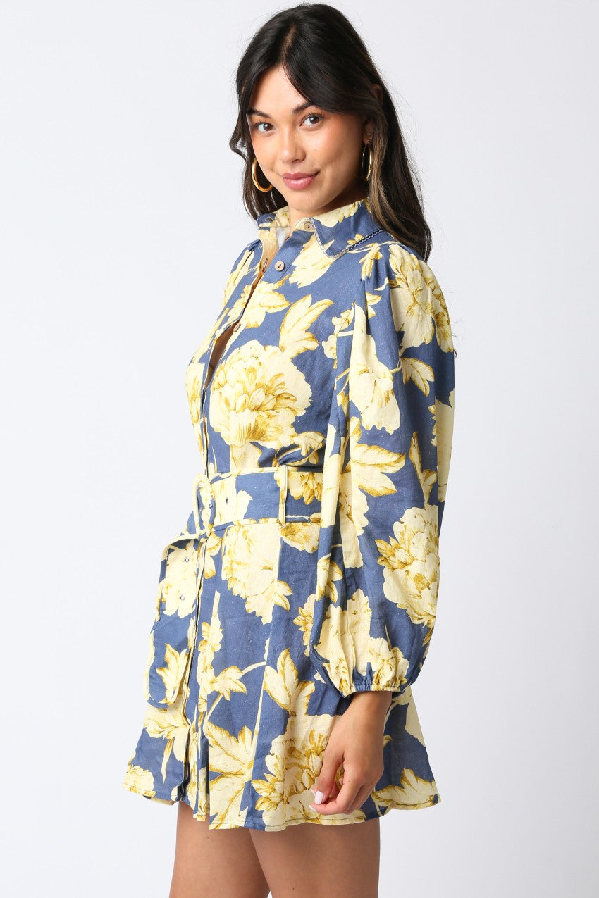 Eve Floral Belt Dress- Blue/Yellow