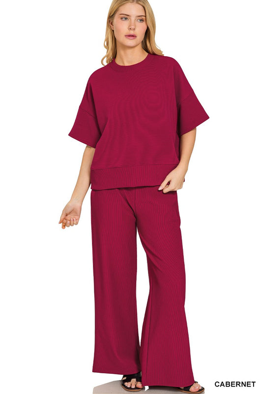 Ribbed Round Neck Tee & Pants Set- Cabernet