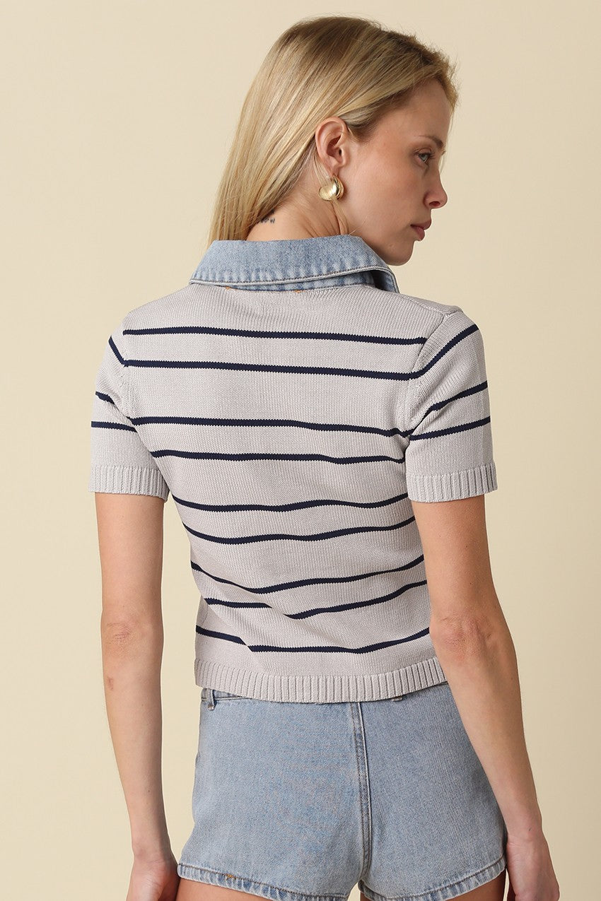 Shyla Striped Top- Grey/Navy