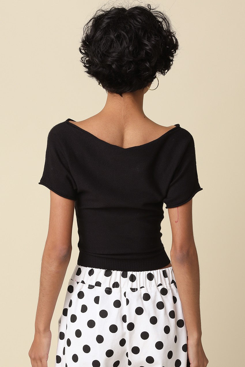 Angela Boat Neck Cinched Tee- Black