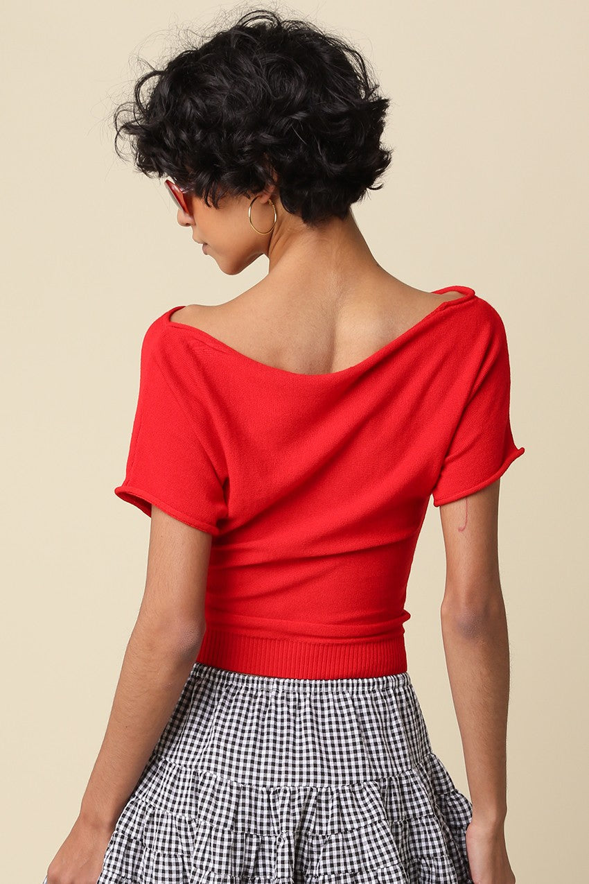 Angela Boat Neck Cinched Tee- Red