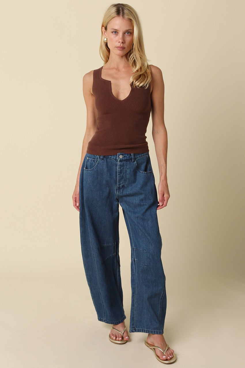 Coco Notch Neck Ribbed Tank- Brown