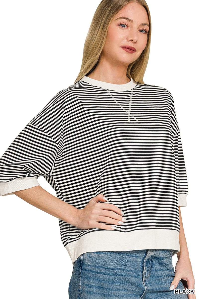 Rib Banded Short Sleeve Stripe Pullover- Black