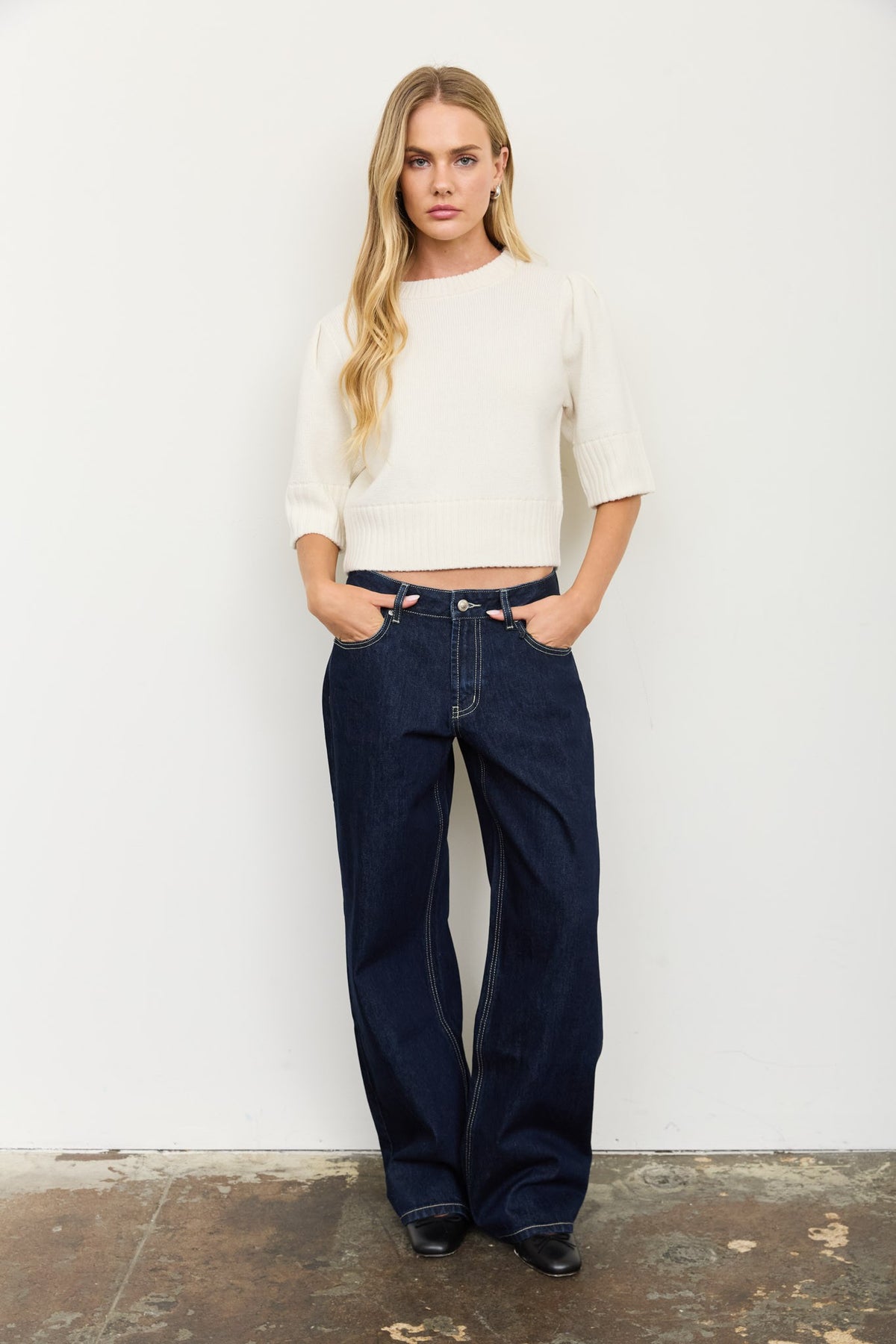 Puff Shoulder Short Sleeve Cropped Sweater- Cream