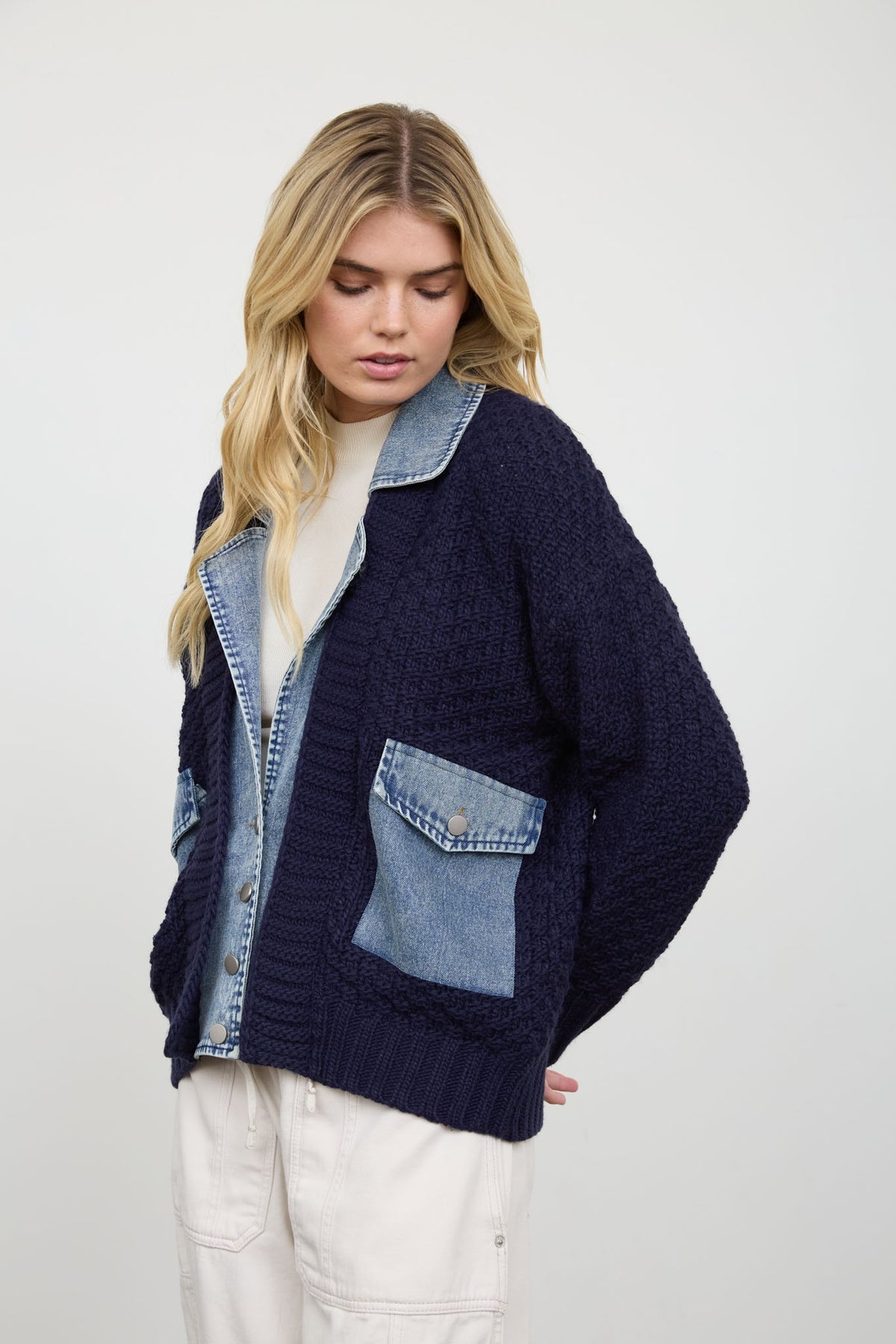 Cable Knit Denim Trim Jacket- Navy