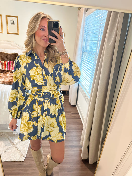 Eve Floral Belt Dress- Blue/Yellow