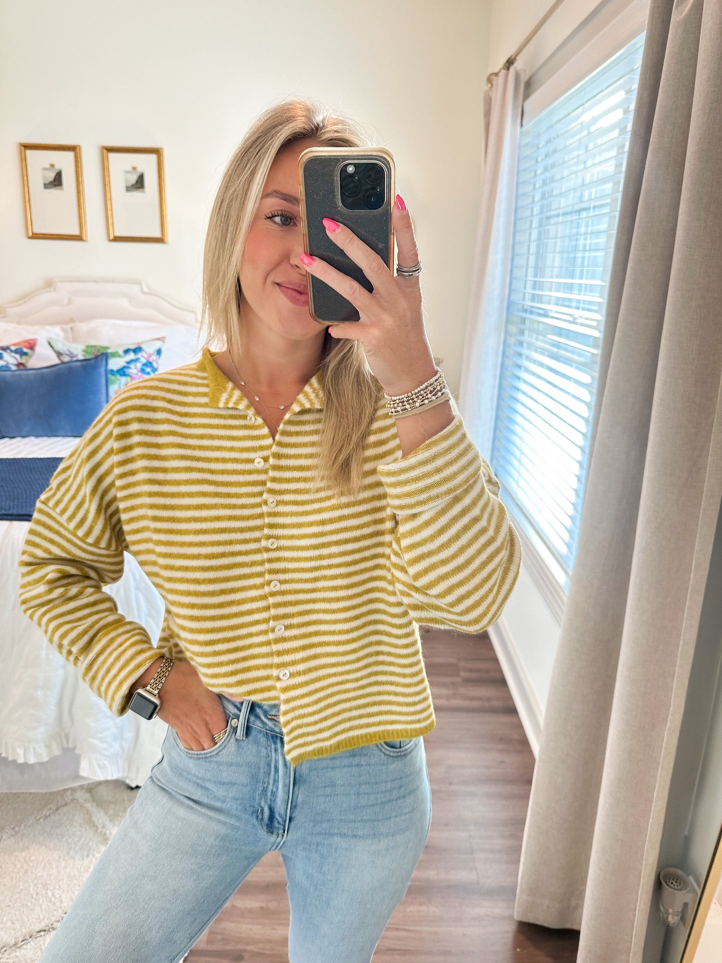 Piper Cardigan- Mini Stripe Dijon Yellow