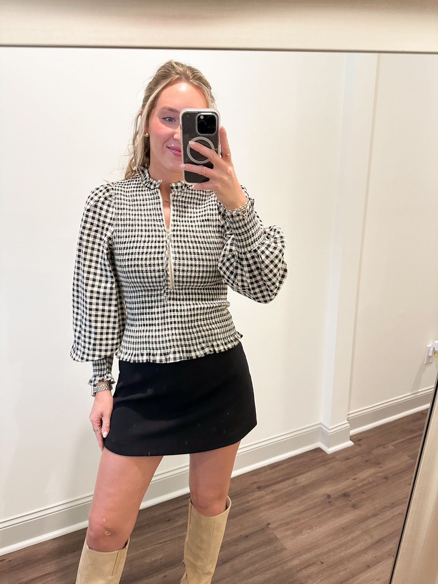 Presley Gingham Zip Top- Black