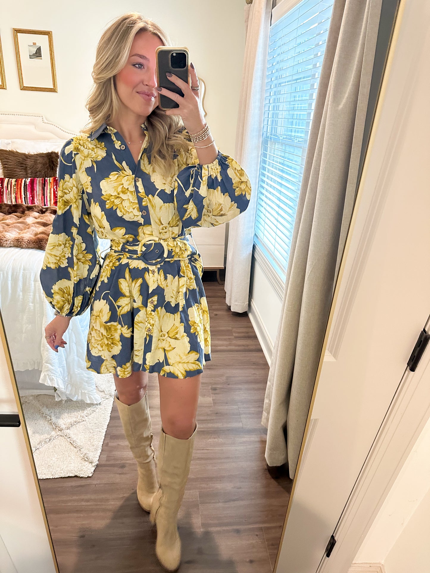 Eve Floral Belt Dress- Blue/Yellow
