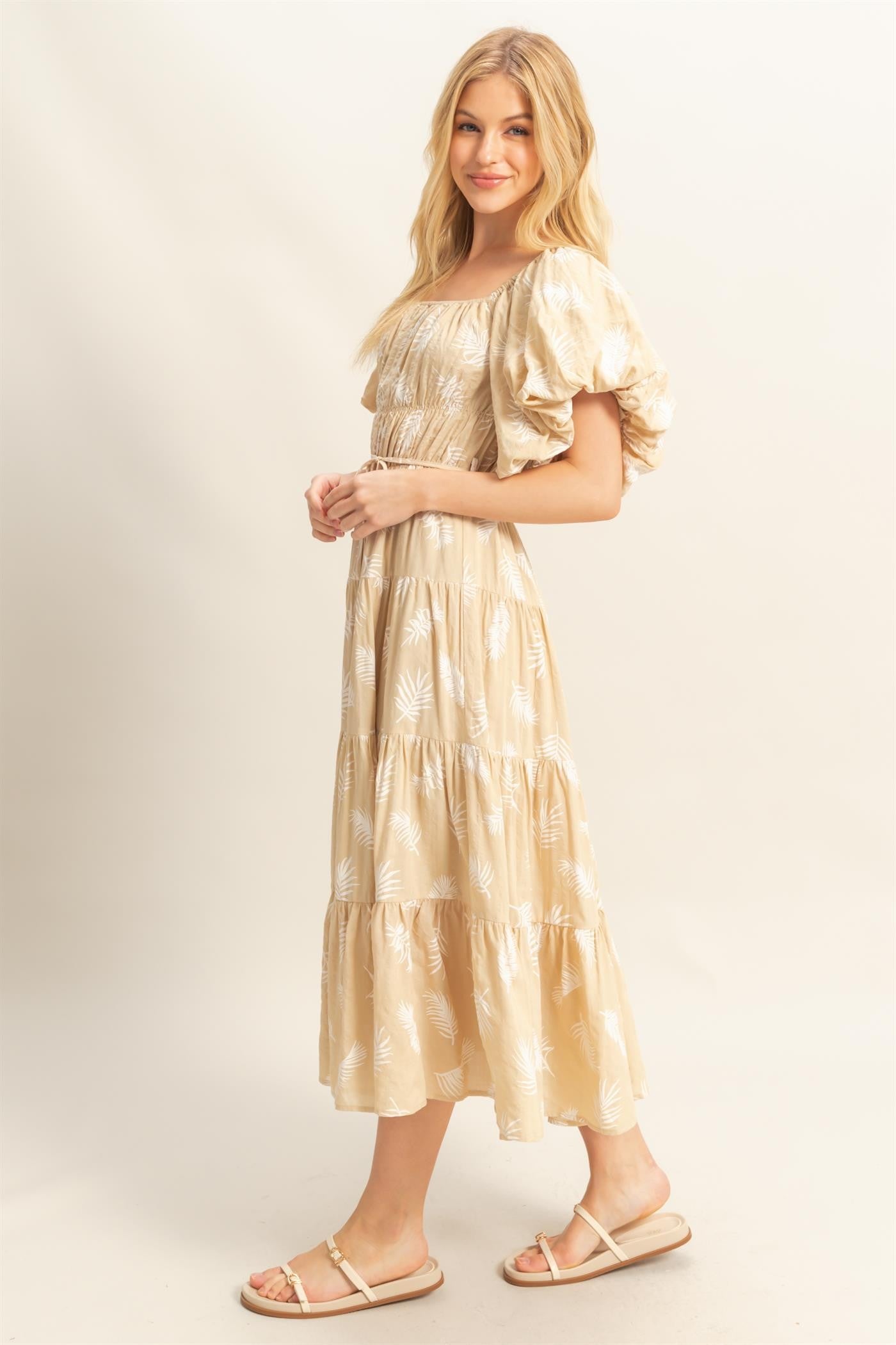 Leaf Print Midi Dress- Taupe