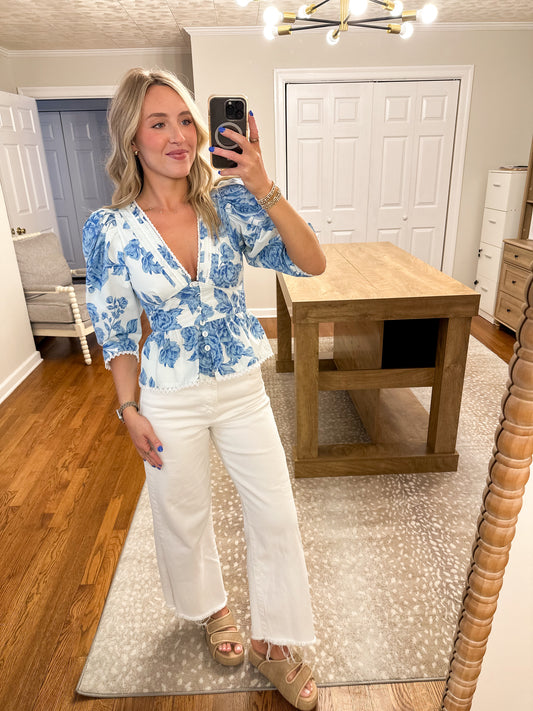 Maje Floral Pintuck Blouse- Blue/White