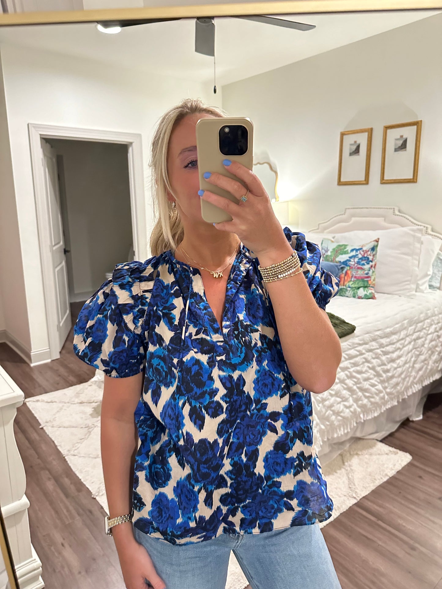 Beige Blue Floral Top