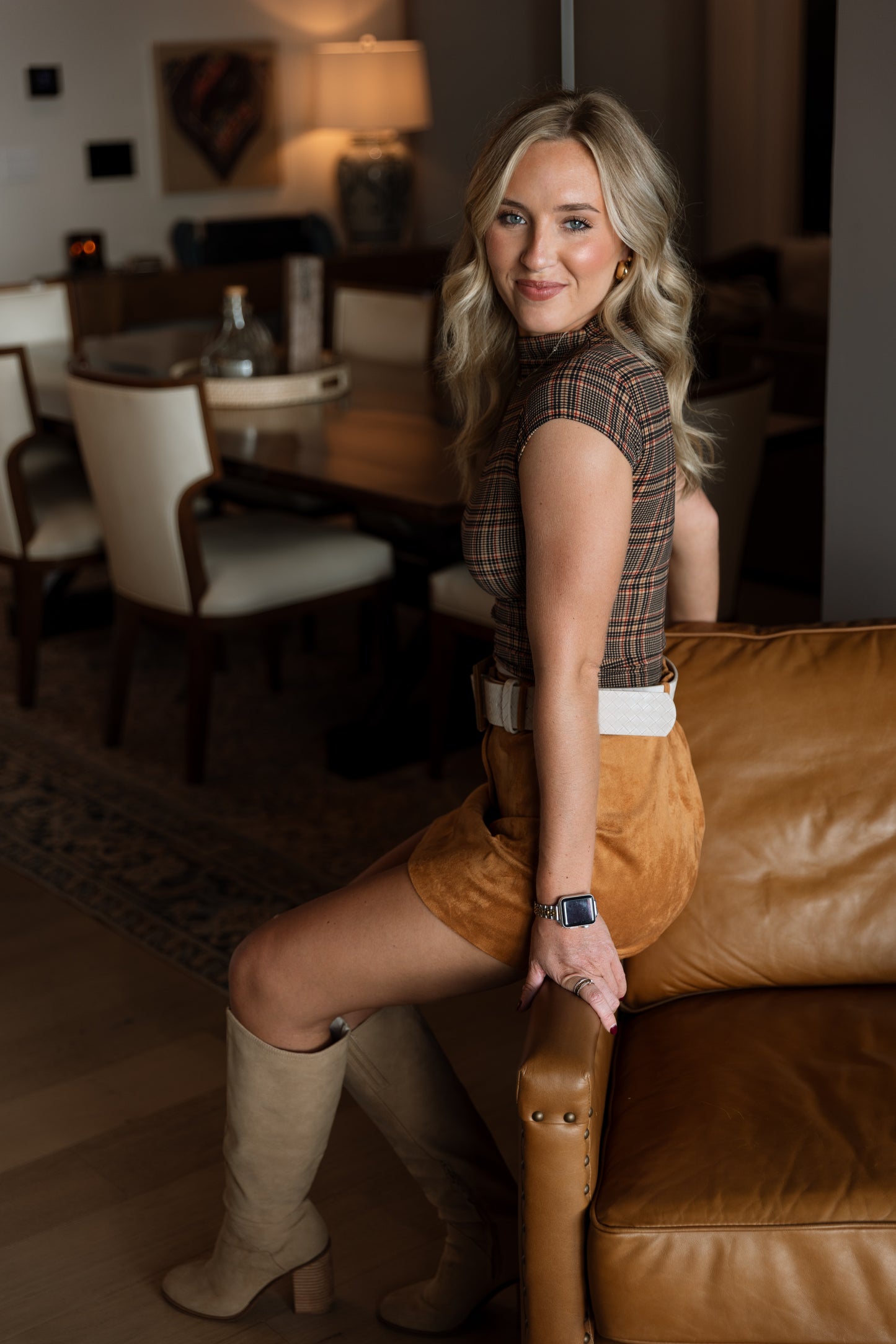 Greer Plaid Top- Camel Multi