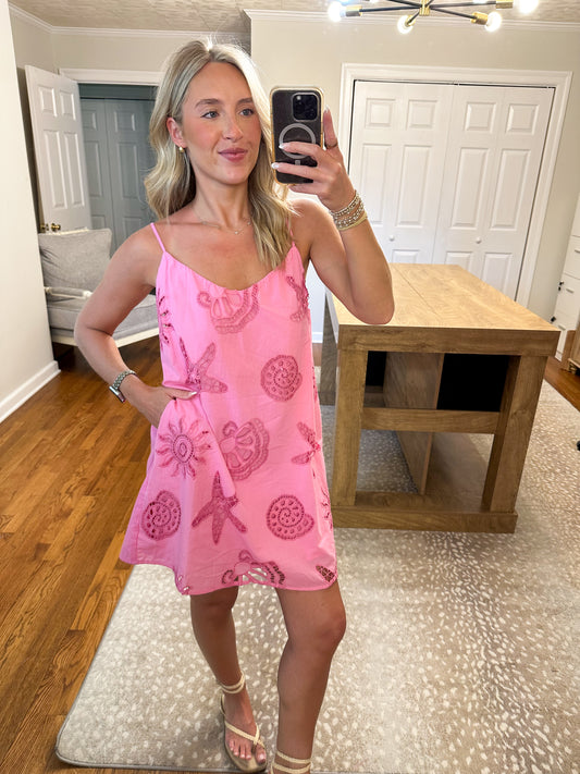 Sea Shell Embroidery Mini Dress- Pink