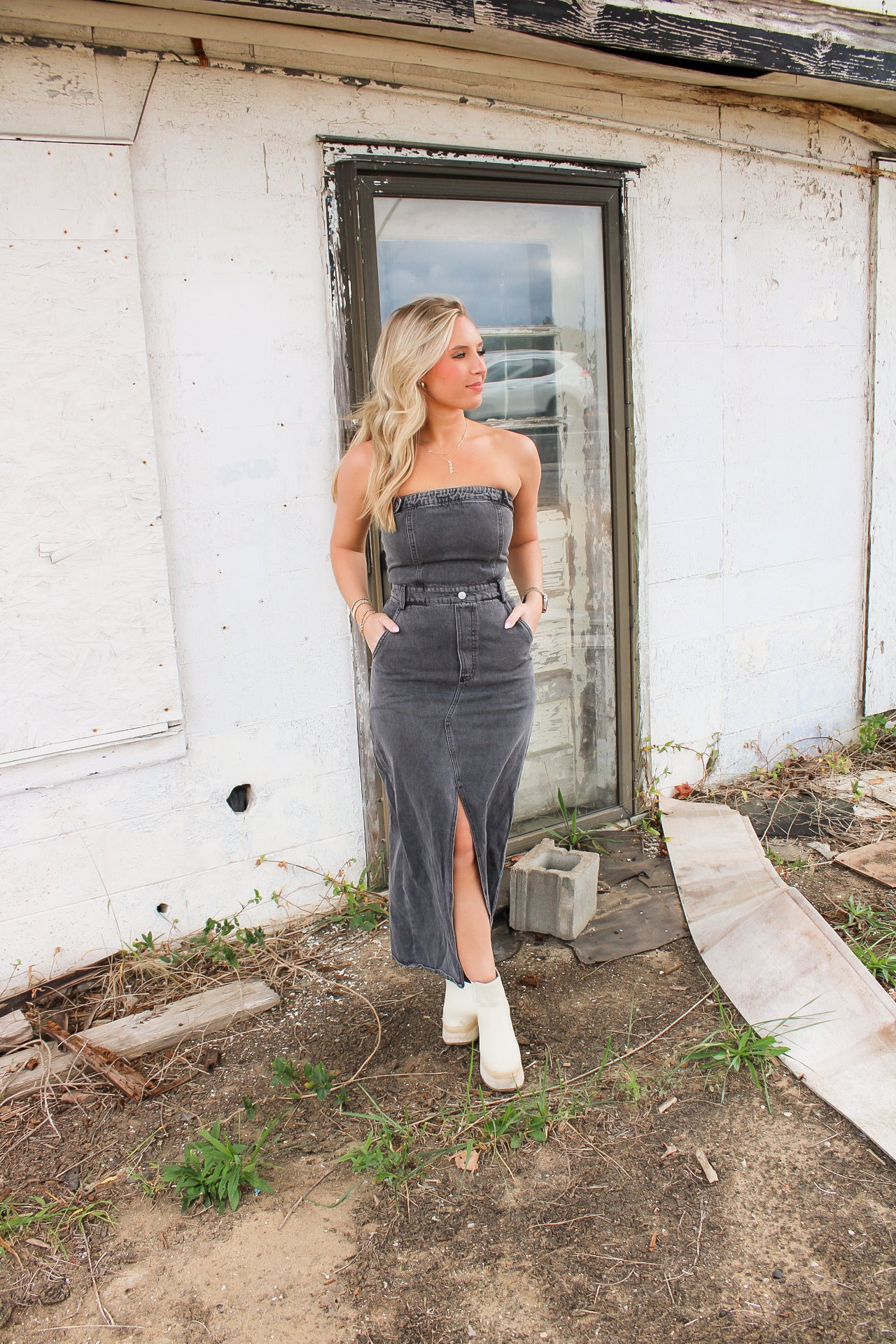 denim tube dress midi Denim Tube Midi Dress