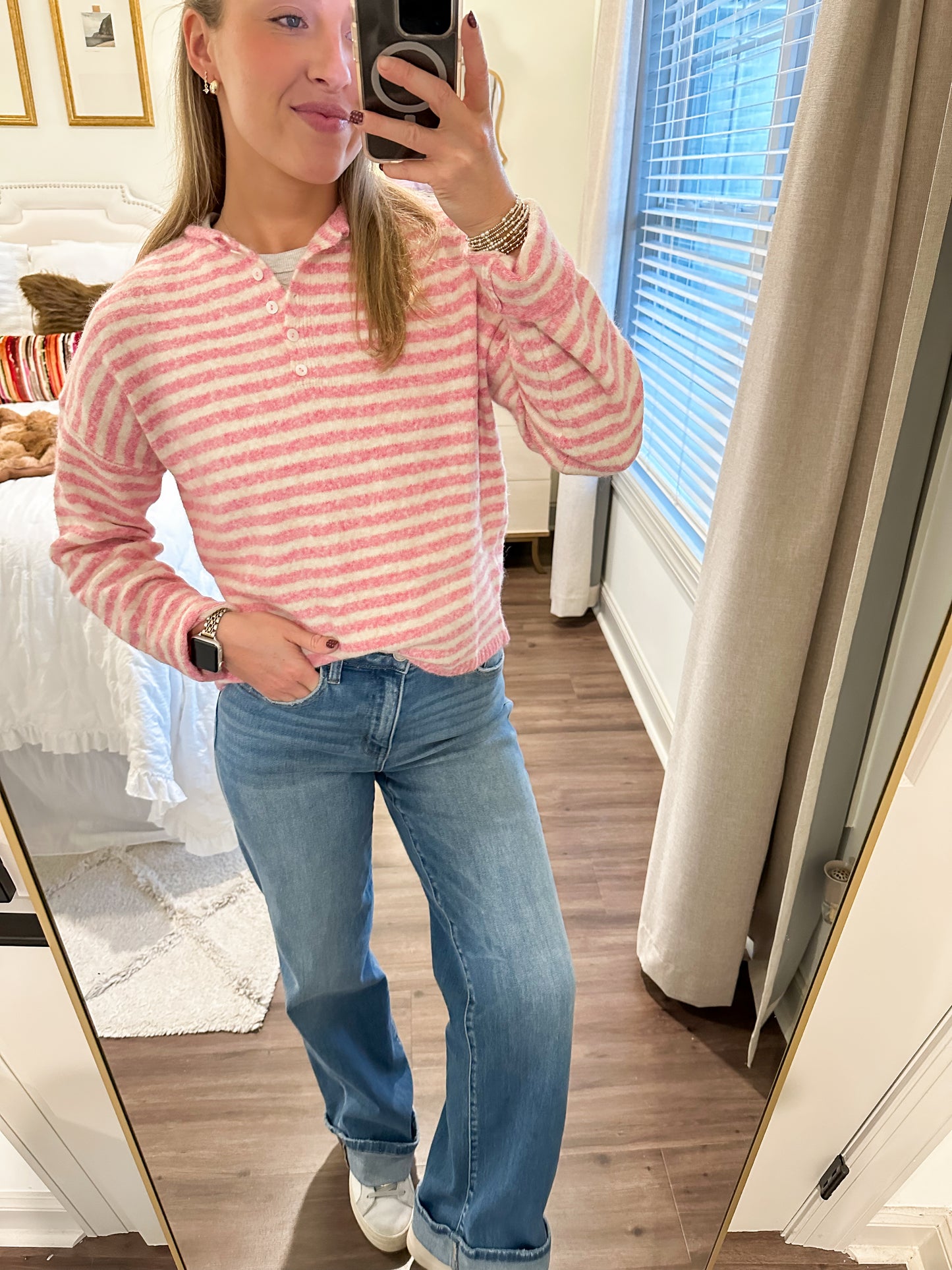 Piper Striped Henley Top- Pink/White