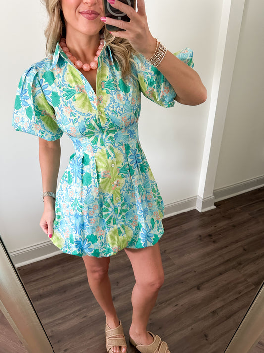 Alicia Floral Mini Dress- Lime Multi