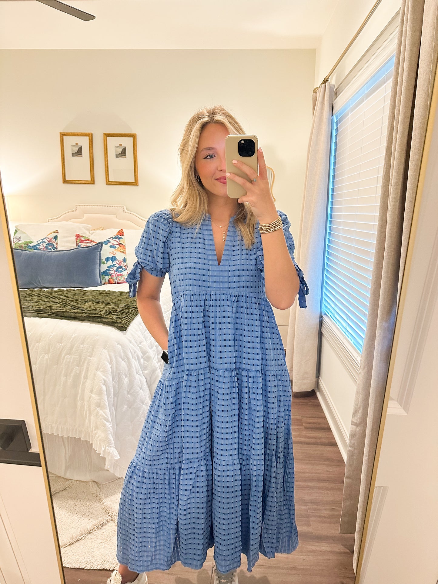 Tiered Midi with Bow Tie Sleeves- Blue