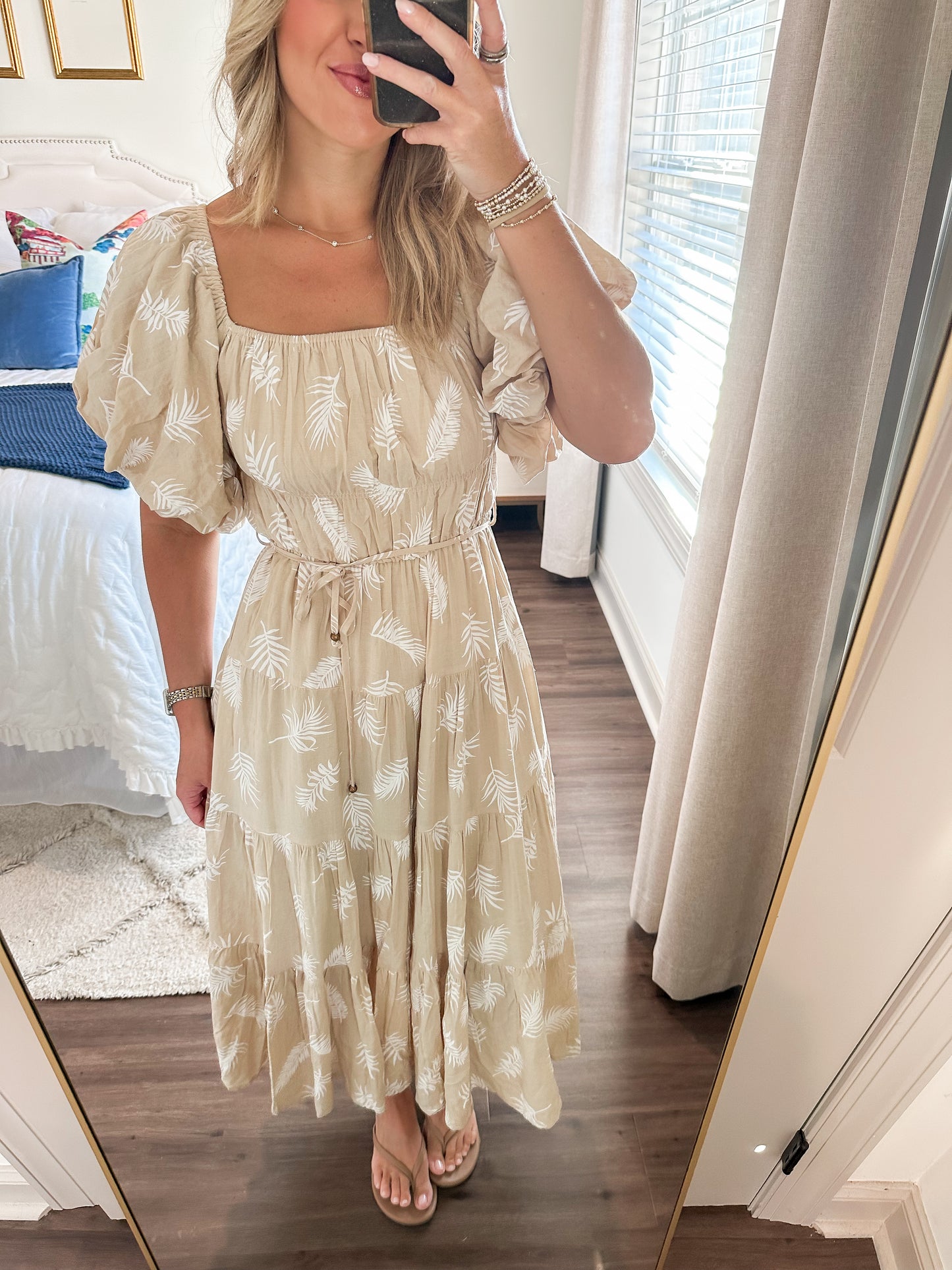 Leaf Print Midi Dress- Taupe