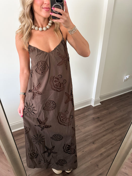 Star Fish Eyelet Maxi Dress- Brown