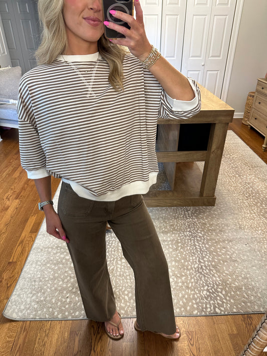Rib Banded Short Sleeve Stripe Pullover- Mocha