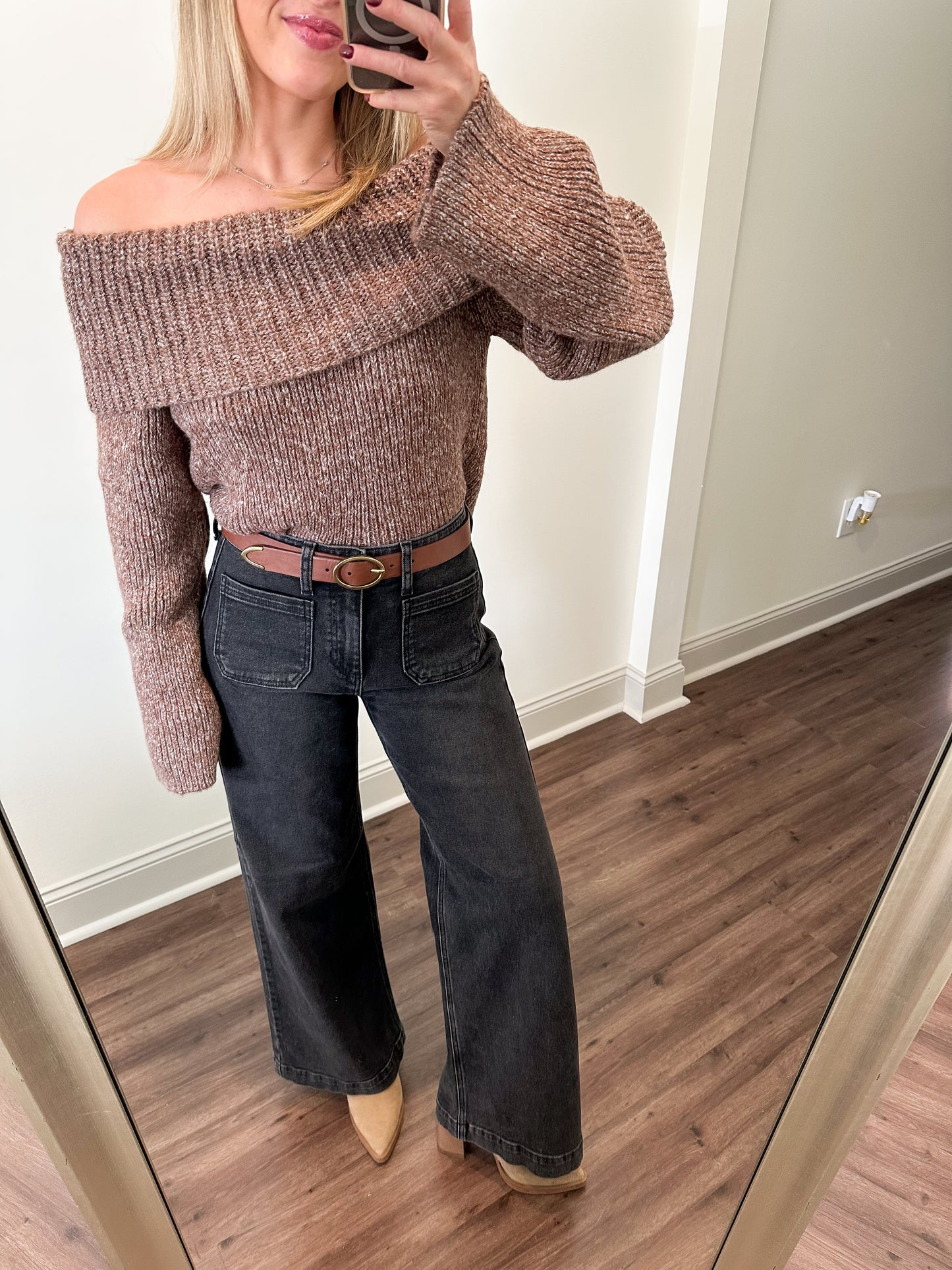 Pauline Off Shoulder Sweater- Brown