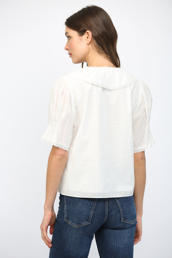 Cascading Ruffle Front Top- White