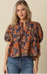 Zoey Floral Top- Navy/Rust