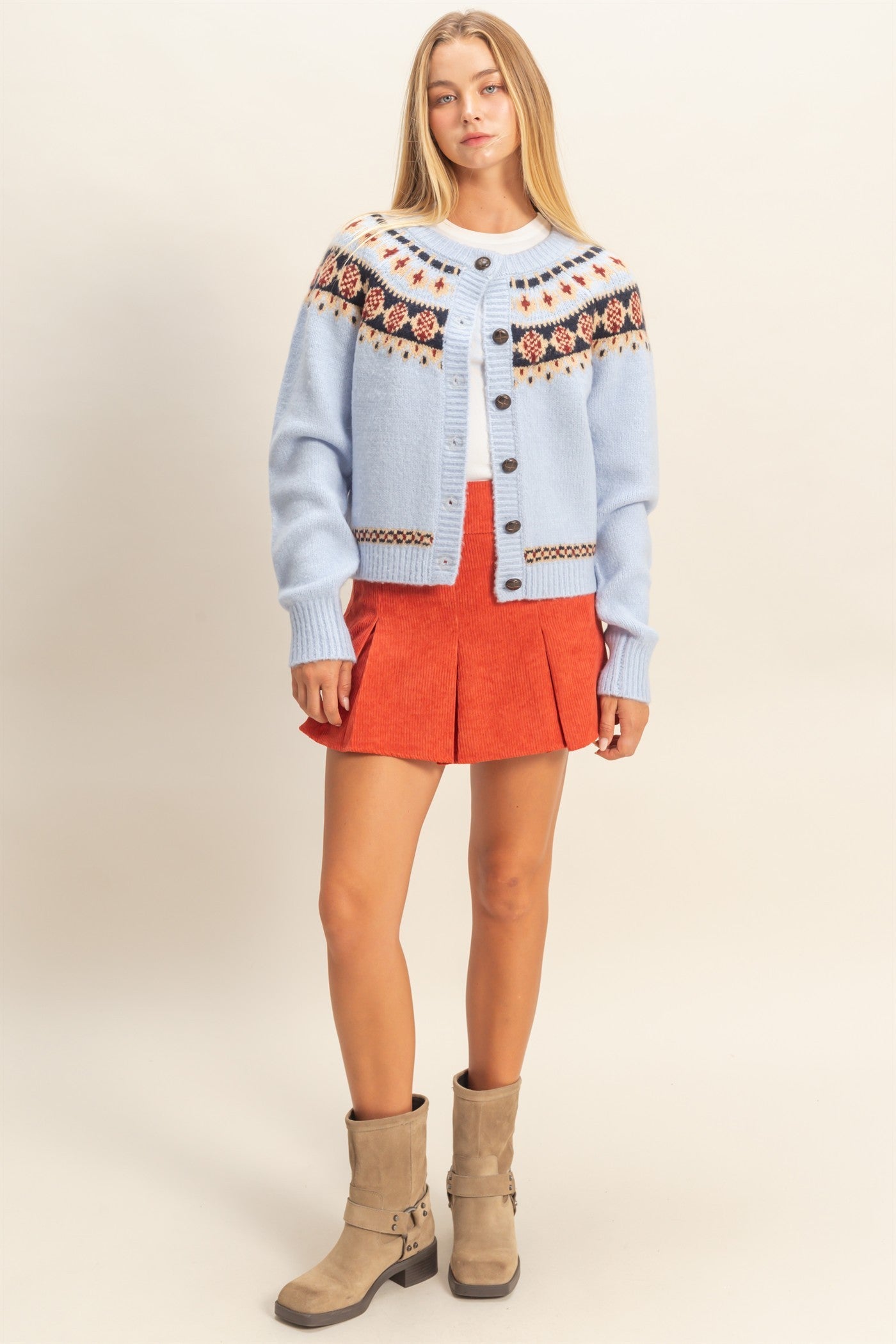 Alyssa Fair Isle Cardigan- Light Blue