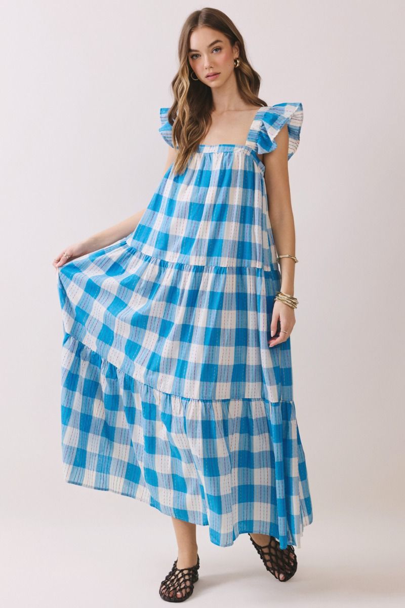 Checkered Babydoll Maxi Dress- Blue