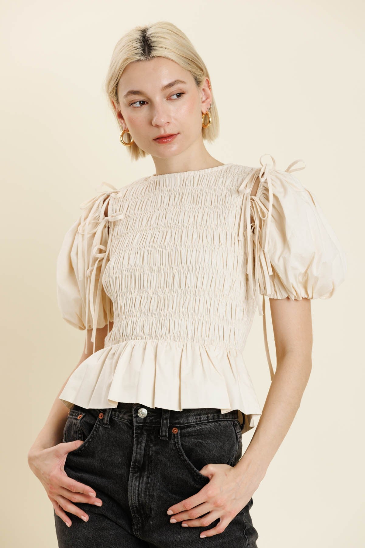 Millie Detachable Sleeve Top- Eggshell