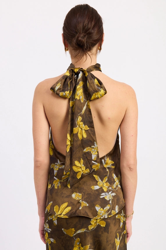 Halter Satin Floral Maxi Skirt Set- Olive/Mustard
