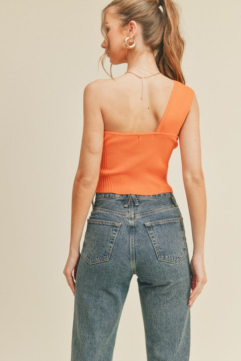 Rib Knit One Shoulder Top- Orange