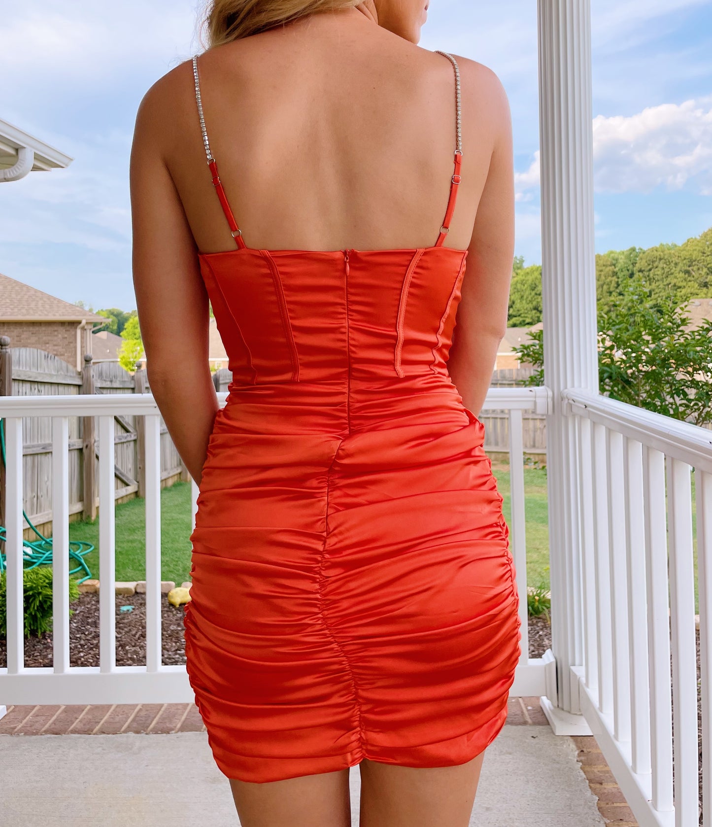Satin Rhinestone Strap Dress- Orange