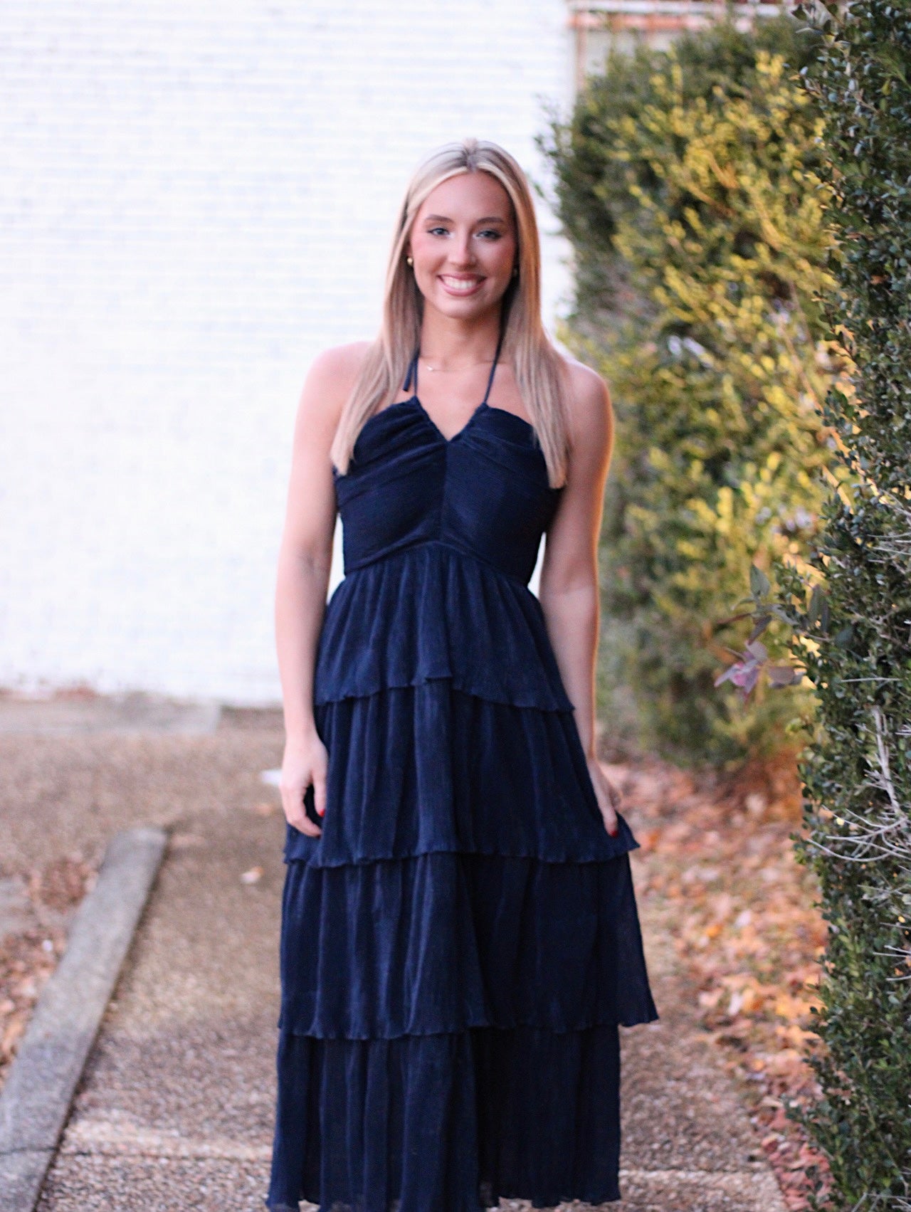Shimmer Pleated Dress- Navy